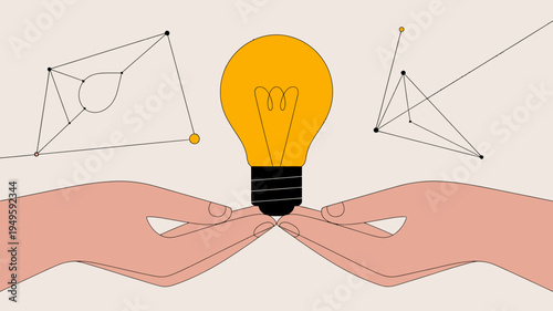 A bright yellow lightbulb is carefully held by two hands surrounded by abstract geometric line drawings high quality professional detailed modern elegant stylish clean crisp vibrant