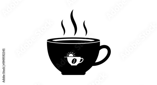 Steaming cup of coffee with a sunrise logo, perfect for morning energy and warmth.