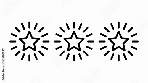 A minimalist illustration displays three black five pointed stars each radiating lines outward creating a sparkling or explosive effect high quality professional detailed modern elegant stylish