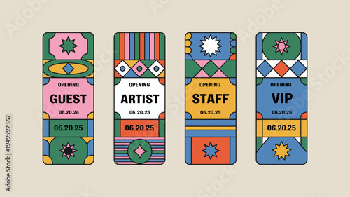 A vibrant illustration showcases four rectangular tickets each with unique geometric patterns and text designating guest artist staff and vip access high quality professional detailed modern