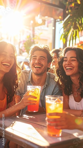 Joyful Friends Toasting with Drinks at a Sunny Outdoor Bar.