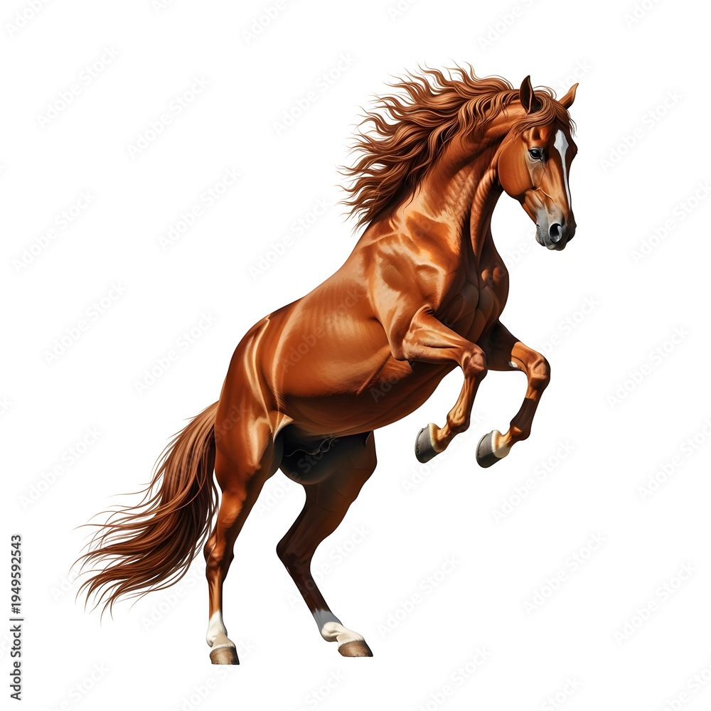 Obraz premium Powerful chestnut stallion rearing dramatically showcasing magnificent muscle tone and flowing mane on transparent background