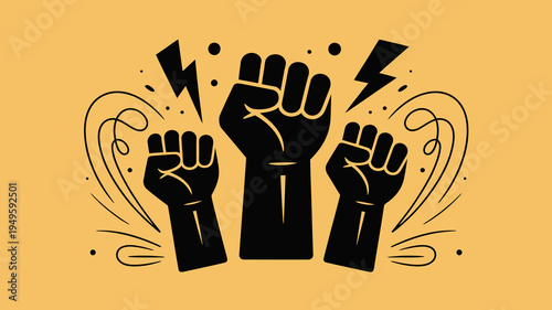Three raised fists depicted in black silhouettes are shown against a golden yellow background with dynamic energy lines and lightning bolts high quality professional detailed modern