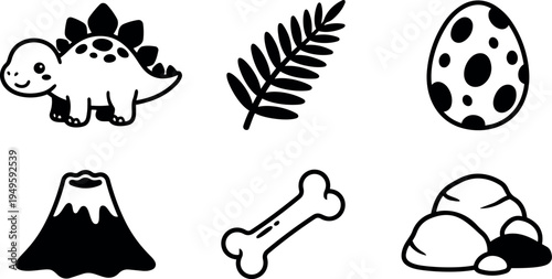 Cute stegosaurus dinosaur with spotted egg volcano illustration prehistoric bone leaf and rocks simple black vector art