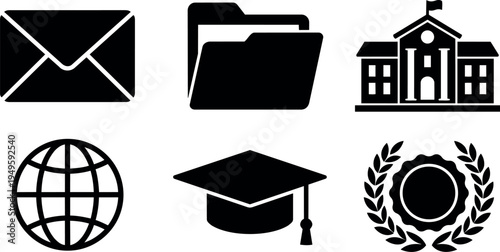 Black silhouette icons of envelope folder school building globe graduation cap and laurel wreath in simple vector style