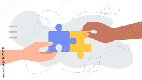 Two hands one with lighter skin and one with darker skin are connecting two puzzle pieces blue and yellow symbolizing unity high quality professional detailed modern