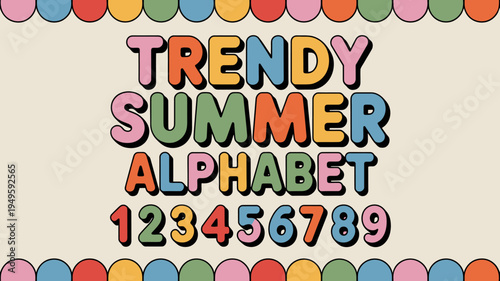 A colorful retro styled graphic features the word trendy summer alphabet with accompanying numbers and decorative bunting banners high quality professional detailed modern elegant stylish clean