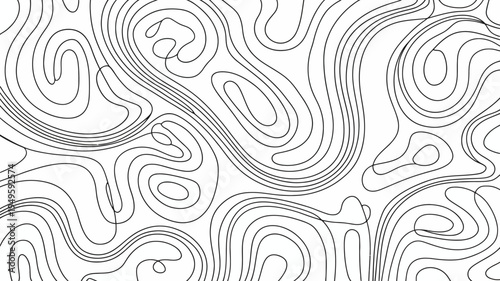 An abstract line drawing depicts flowing organic shapes resembling topographic map contours or wave patterns in black and white high quality professional detailed modern elegant stylish