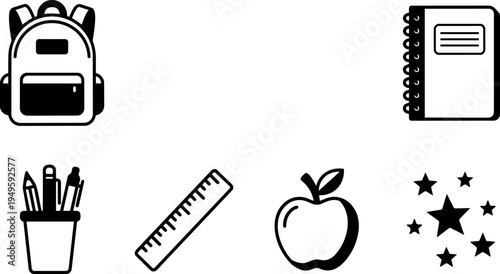 Black line art school supplies icon set backpack notebook pencil cup ruler apple and star shapes simple vector design