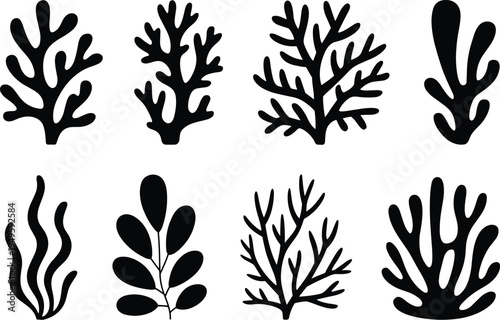 Coral reef and seaweed silhouette collection vector set, underwater marine plants shapes, ocean nature elements for aquatic design