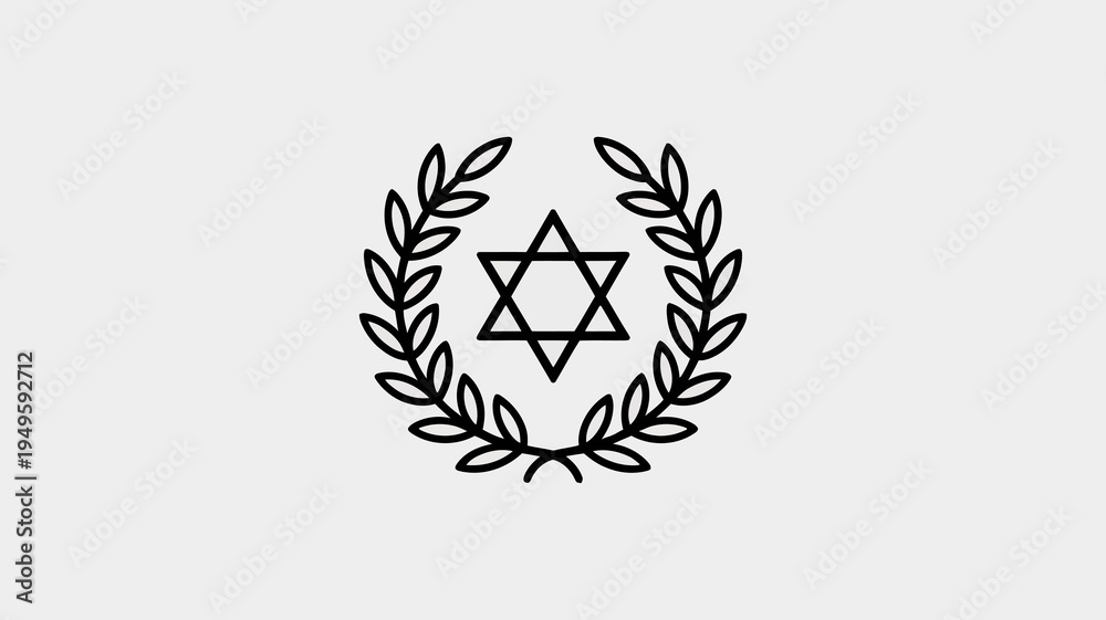 Obraz premium A simple black and white line drawing depicts a six pointed star commonly known as the star of david encircled by a laurel wreath high quality