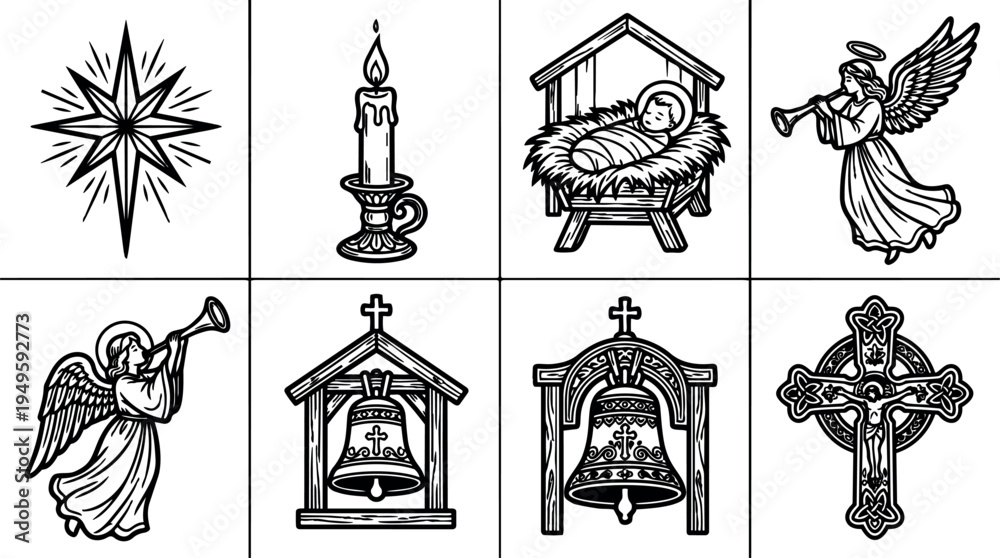 Naklejka premium Black line art set of nativity star candle baby jesus in manger two angels with trumpets two church bells and decorative cross vector icons