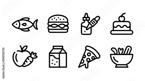 A collection of simple line art icons depicts various food items including fish burgers desserts fruits and beverages high quality professional detailed modern elegant stylish clean