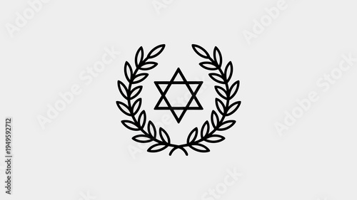 A simple black and white line drawing depicts a six pointed star commonly known as the star of david encircled by a laurel wreath high quality