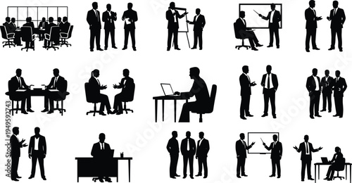 Business silhouette illustration collection, teamwork collaboration, office meeting, corporate presentation, professional discussion, strategy planning, communication, productivity, networking