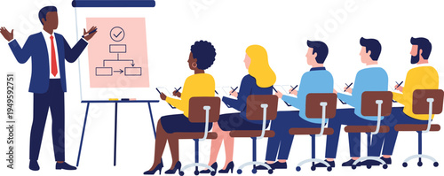 Business seminar presentation with diverse audience, professional trainer explaining workflow process on flip chart in corporate educational training session