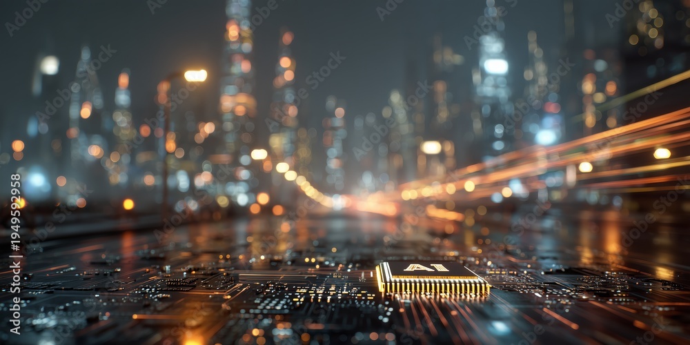 Fototapeta premium Artificial intelligence core inside transparent cube, luminous AI letters and cyberpunk wiring for digital future branding.