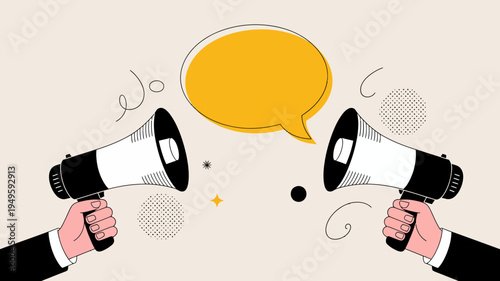 A minimalist illustration features two black megaphones facing each other emitting sound waves towards a central yellow speech bubble high quality professional detailed modern elegant stylish