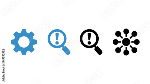 A series of four distinct black and blue icons representing settings alerts searching and a network connection high quality professional detailed modern elegant stylish clean crisp