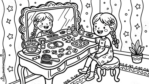 Black and white line art smiling girl sitting on stool making jewelry at ornate dressing table with mirror and accessories