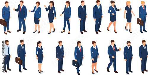 Isometric business people vector illustration, professional characters, teamwork collaboration, office communication, corporate diversity, workplace attire, strategy planning, networking