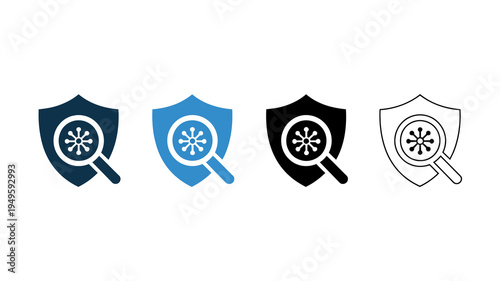 Four variations of a shield icon featuring a magnifying glass symbol within a circular frame are displayed in different color schemes high quality professional detailed modern