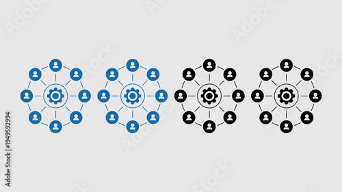 Four circular diagrams depict networked people around a central gear shown in varying color schemes high quality professional detailed modern elegant stylish clean crisp vibrant colorful