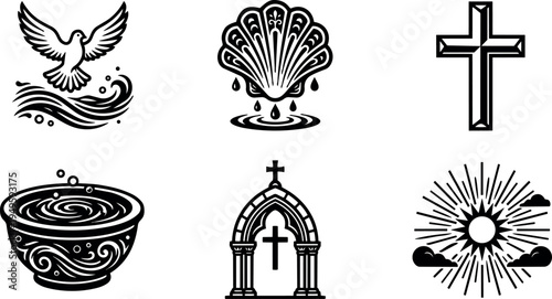 Black and white religious vector icons of dove water shell cross church arch and sun rays in spiritual graphic style