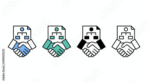 Four stylized handshakes are displayed each with a different color scheme and document icon representing agreements or partnerships high quality professional detailed modern elegant stylish clean