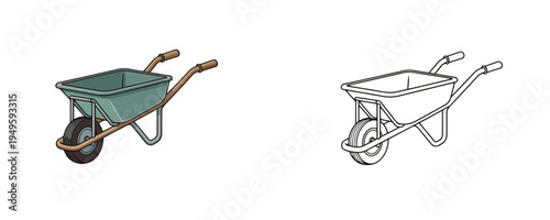 Doodle garden wheelbarrow illustrations in flat color and linear styles on white background representing manual equipment used for transporting soil or construction materials