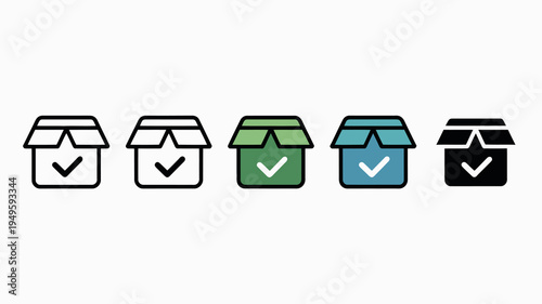 A series of five building icons with a checkmark inside presented in varying colors and outlines high quality professional detailed modern elegant stylish clean crisp vibrant