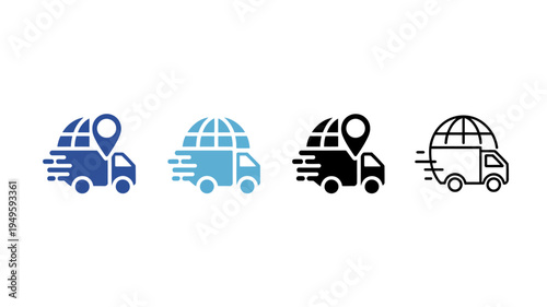 Four variations of a delivery vehicle icon are displayed showing differing color schemes and fill types high quality professional detailed modern elegant stylish clean crisp vibrant