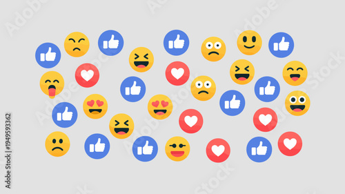A vibrant arrangement of facebook reaction icons fills the frame showcasing likes hearts and various expressive emoticons on a gray background high quality professional detailed modern