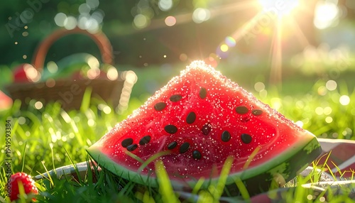 Wallpaper Mural Refreshing Watermelon Slice on Green Grass with Sunlight. Torontodigital.ca