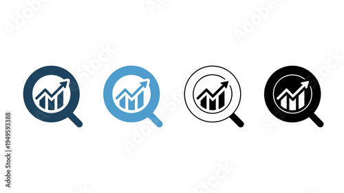 A set of four magnifying glass icons displaying upward trending charts varying from blue to black high quality professional detailed modern elegant stylish clean crisp vibrant