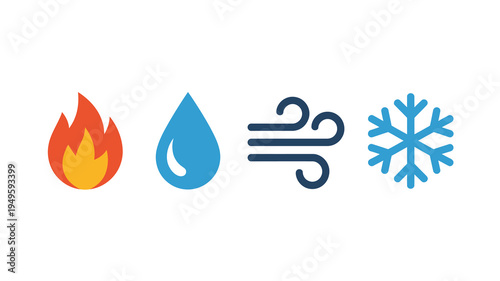 A simple illustration depicts four elemental icons fire water air and ice representing the classic forces of nature in a row high quality professional detailed modern