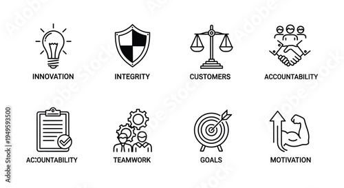 Line art icons representing core business values and principles