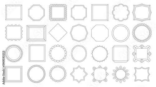 A collection of various black and white frame outlines in different geometric shapes and decorative styles is displayed on a white background high quality professional detailed