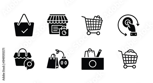 Shopping icons bags carts storefronts and related retail symbols