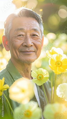 Wallpaper Mural Smiling Senior Asian Man Enjoying Sunny Day in a Field of Yellow Flowers. Torontodigital.ca