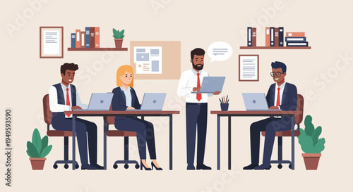 Business Professionals Working at Desks in Office.