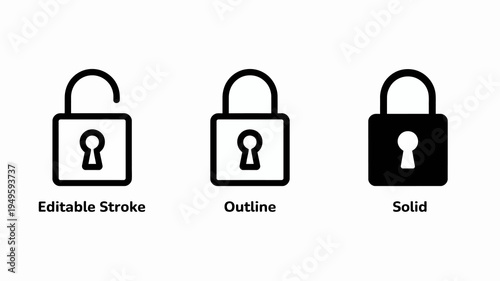 A set of three padlock icons are displayed showcasing variations in style editable stroke outline and solid fill high quality professional detailed modern elegant stylish clean