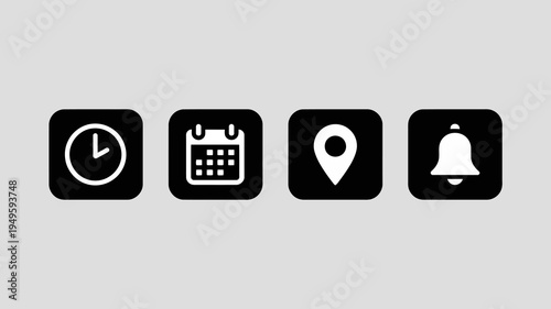 A minimalist graphic displays four black square icons on a light grey background representing time calendar location and notification high quality professional detailed modern elegant stylish