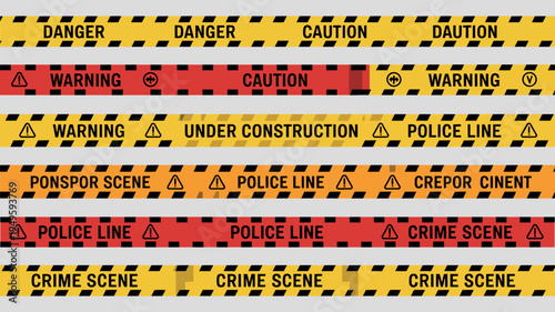 A series of warning tapes with repeating messages like danger caution police line and crime scene are displayed high quality professional detailed modern elegant stylish clean