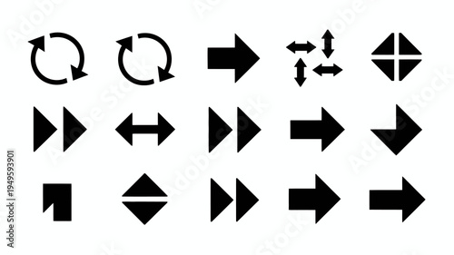 A collection of simple black arrow and circular icons displays various directions movements and rotational concepts in a minimalist style high quality professional detailed modern elegant
