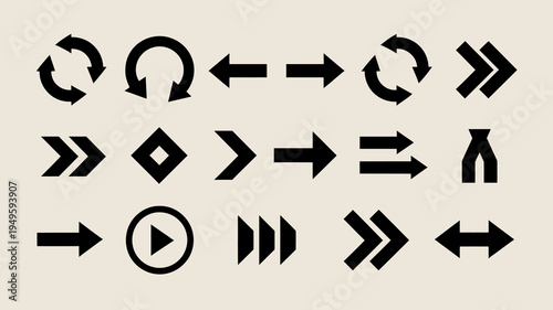 A collection of black arrow icons and circular symbols are displayed against a light beige background depicting various directions high quality professional detailed modern elegant stylish