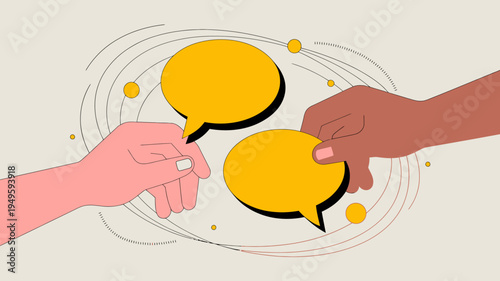 Two hands reach towards each other interacting with golden speech bubbles against a minimalist pale beige background high quality professional detailed modern elegant stylish clean crisp