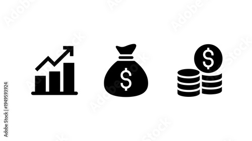 A minimalist black icon set depicts financial growth with a rising graph a money bag and stacked coins high quality professional detailed modern elegant stylish clean