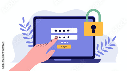 A hand is shown interacting with a laptop displaying a login screen featuring a password field and a padlock icon high quality professional detailed modern elegant