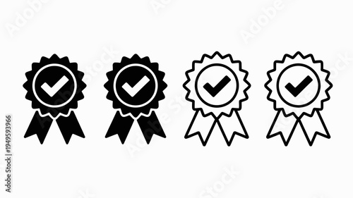 A set of four black and white award ribbons with checkmarks inside symbolizing quality achievement or validation high quality professional detailed modern elegant stylish clean crisp